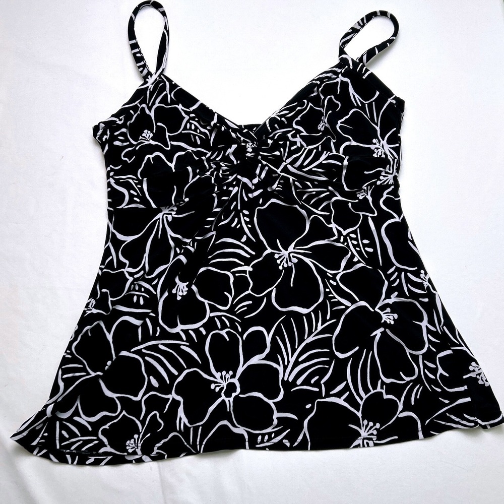 Miraclesuit Womens Floral Twist Front Tankini Swim Top Size 12 Black White Beach